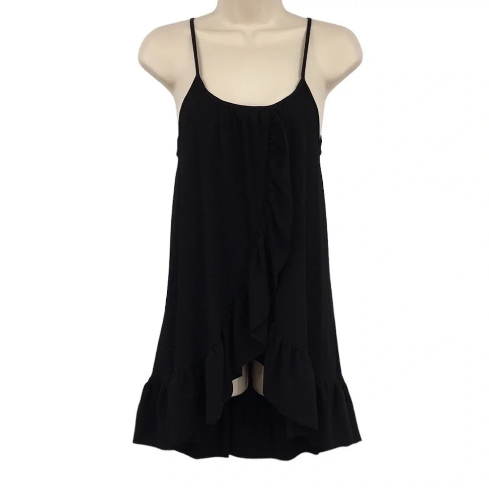 Alton Gray Slip Tunic Top Womens XS Black Ruffle Faux Wrap Hi Low‎